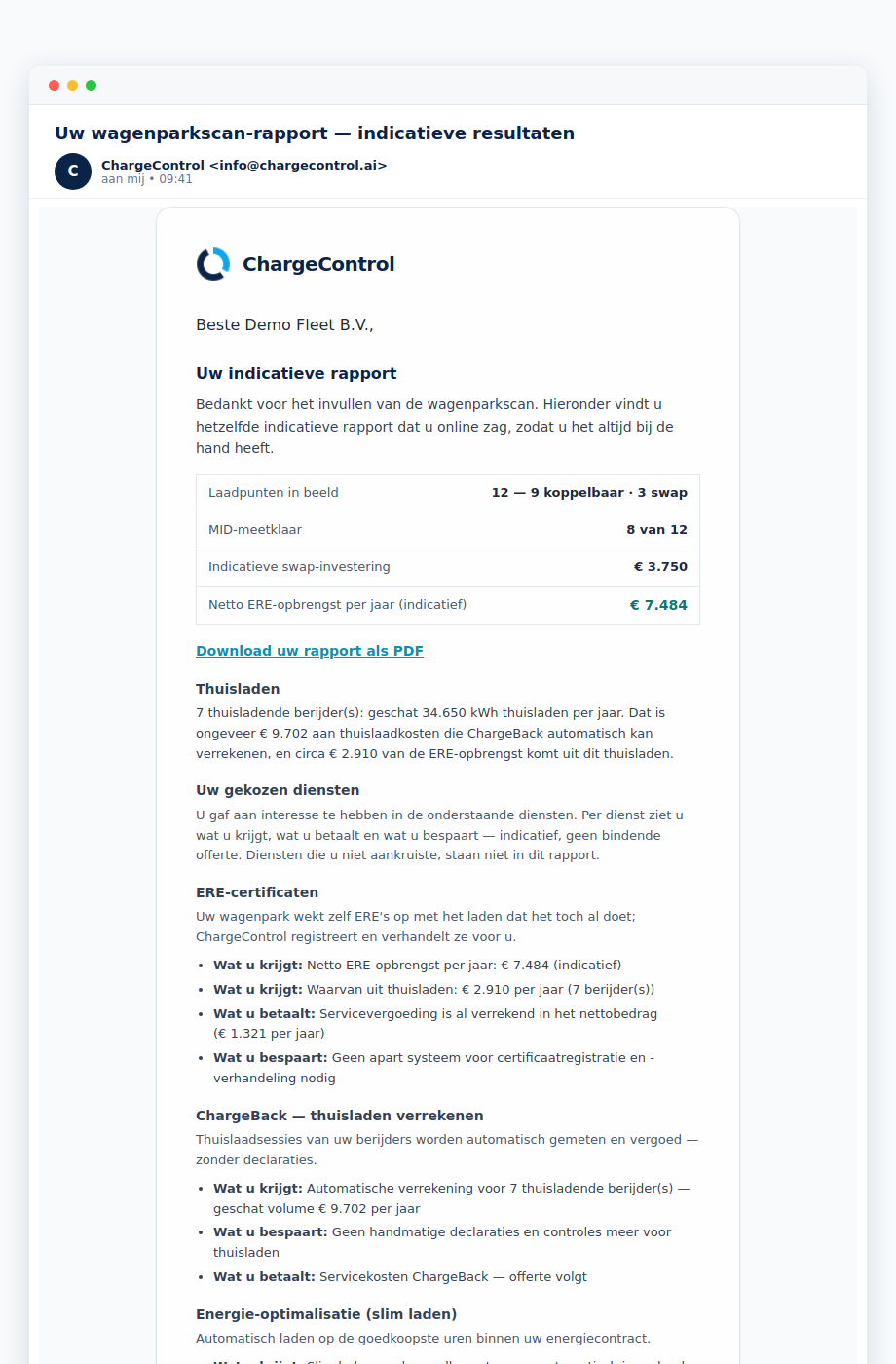 Example of the results email with a download link for the PDF report